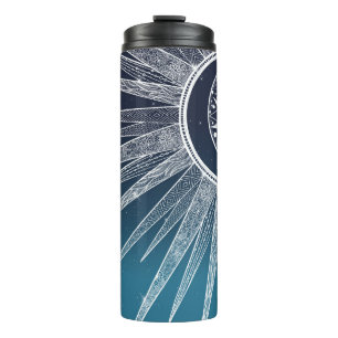 White Sun Moon Mandala Blue Gradient Design Thermosbecher