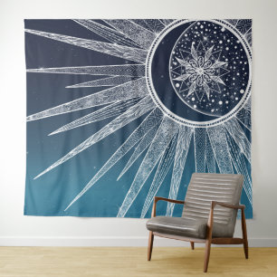 White Sun Moon Mandala Blue Gradient Design Wandteppich