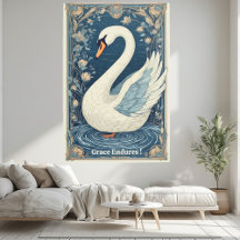 White Swan Art Nouveau Aqua Blue Water Jewel Tone