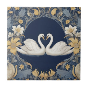 White Swan Couple William Morris Stil Dark Blue Fliese