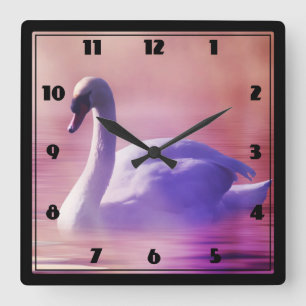 White Swan floating on a misty lake Quadratische Wanduhr