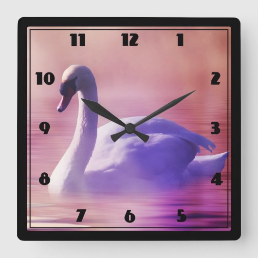 White Swan floating on a misty lake Quadratische Wanduhr (Vorderseite)