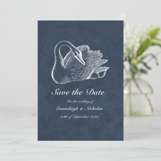 White Swan Navy Blue Save the Date Einladung (Stehend Vorderseite)