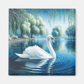 White Swan Weeping Willows Wasserfarbe Kunst Magnet (Vorne)