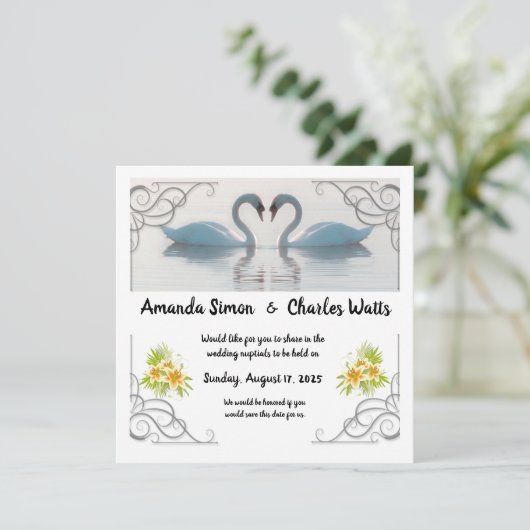 White Swans Save the Date Einladung (Stehend Vorderseite)