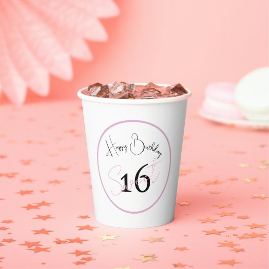 White Sweet 16 Pink & Black Script Paper cup Pappbecher (Insitu)