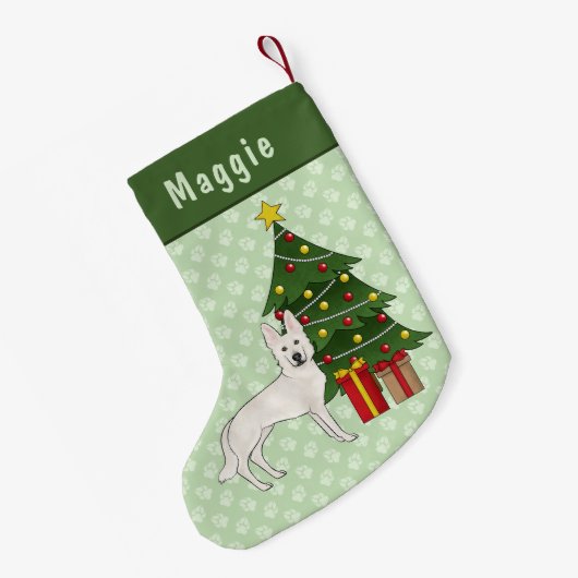 White Swiss Shepherd Niedlich Dog Green Christmas  Kleiner Weihnachtsstrumpf (Rückseite (Hängend))