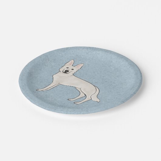 White Swiss Shepherd White GSD Cartoon Dog Blue Pappteller (Schrägansicht)