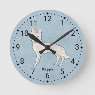 White Swiss Shepherd White GSD Cartoon Dog Blue Runde Wanduhr