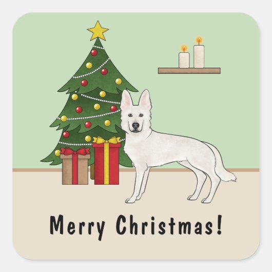 White Swiss Shepherd White GSD Weihnachtsbaum Quadratischer Aufkleber (Vorderseite)