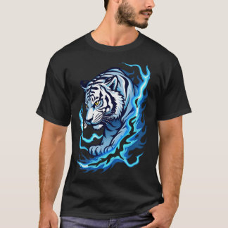 "White T - Shirt with Tiger and Blue Flames Design