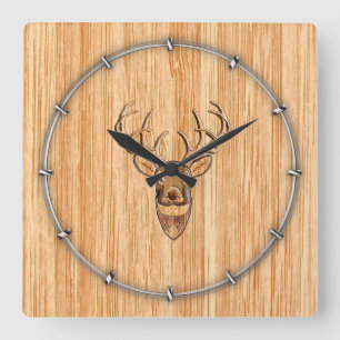 White Tail Deer Head Wood Inlay Grain Style Quadratische Wanduhr