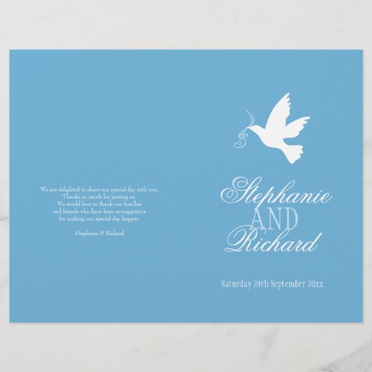 White Taube mit blauen Bändern Hochzeitsprogramm (Vorderseite)