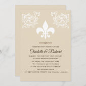 White & Taupe French Fleur De Lis Scrolls Wedding Einladung (Vorne/Hinten)