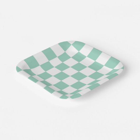 White & Teal Checkerboard Paper Plates Pappteller (Gewinkelt)