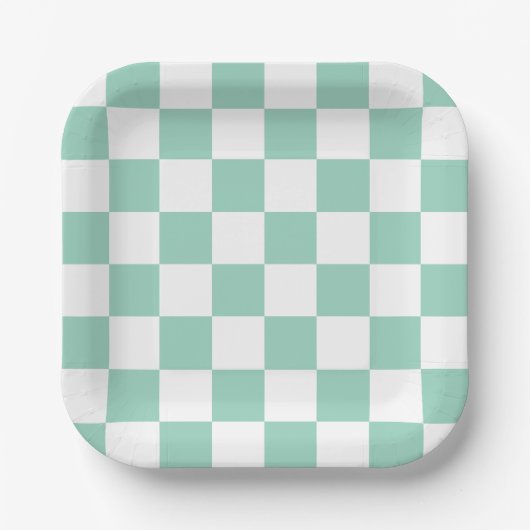 White & Teal Checkerboard Paper Plates Pappteller (Vorderseite)