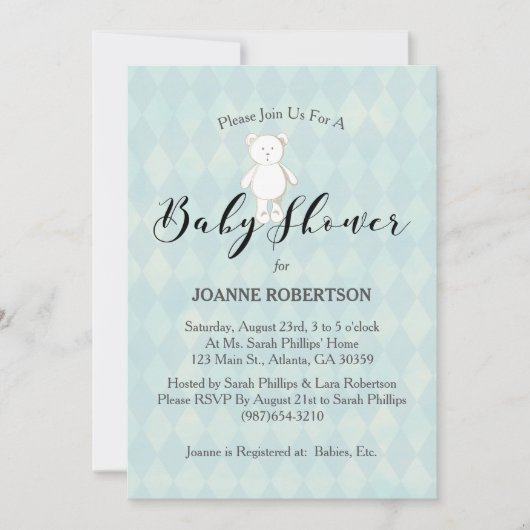 White Teddy Bear Baby Dusche | Blue Diamond Einladung (Vorderseite)