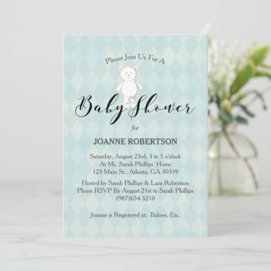 White Teddy Bear Baby Dusche | Blue Diamond Einladung (Stehend Vorderseite)