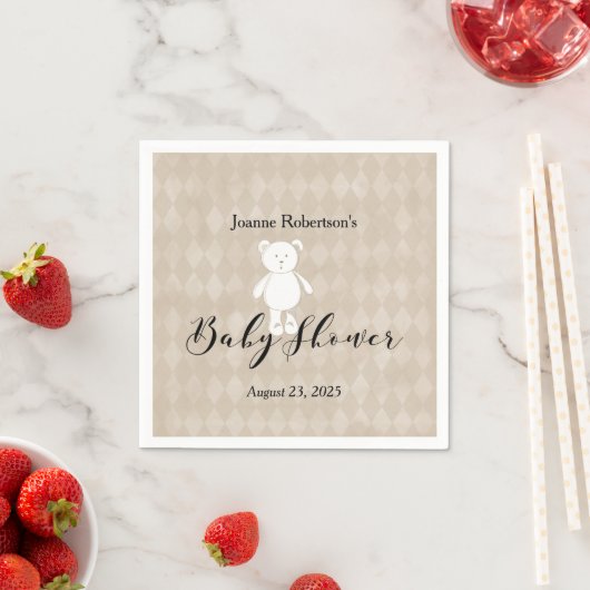 White Teddy Bear Baby Dusche Modern | Tan-Raute Serviette (Beispiel)