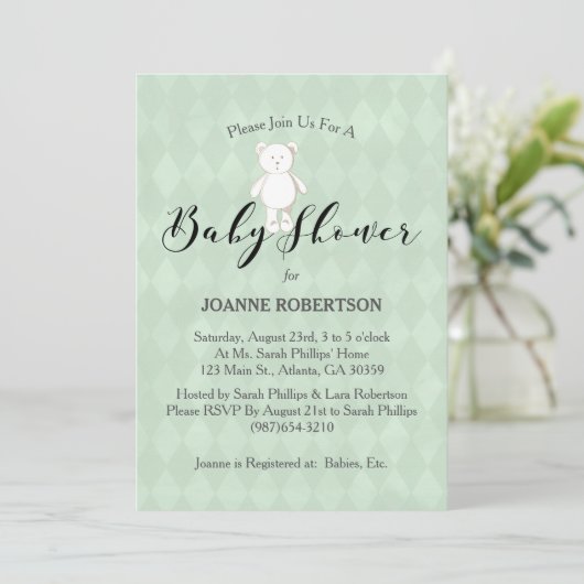 White Teddy Bear Diamond Sage Green Baby Dusche Einladung (Stehend Vorderseite)