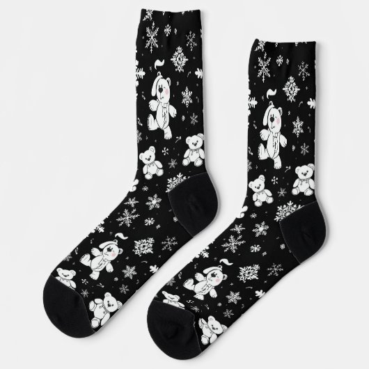 White Teddy Bear & Snowflake Seamless Pattern Socken (Linkes Detail)
