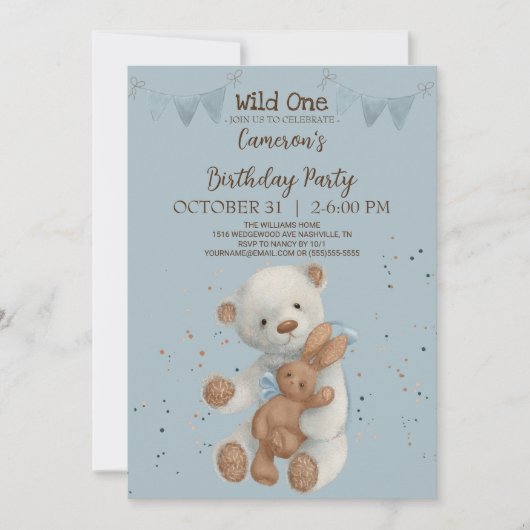 White Teddy Bear Wild Ein Geburtstag Einladung (Vorderseite)