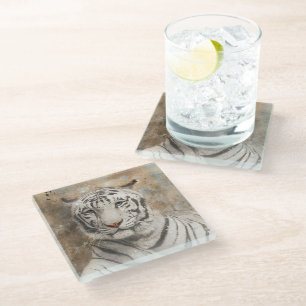 White Tiger Face Fotografie Moderne Wasserfarbe Glasuntersetzer