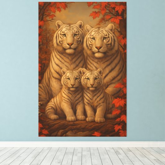 White Tiger Family of Four – Autumn Maple Fine Art Leinwanddruck (Insitu (Holzboden))