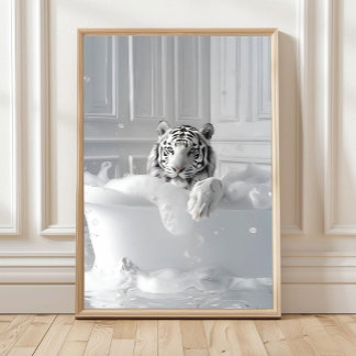White Tiger in Bathtub Art Print Cheetah Poster Ba