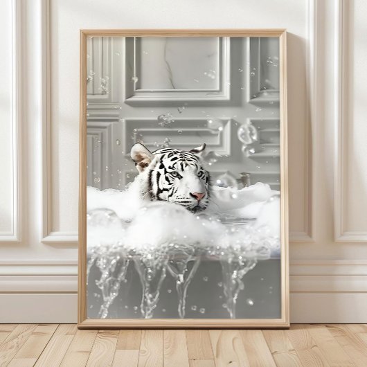 White Tiger in Bathtub Art Print Maximalist Decor Poster