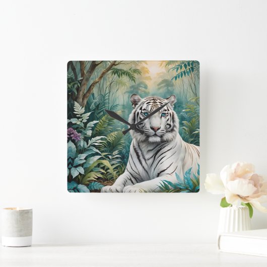 White Tiger Jungle Flora Quadratische Wanduhr (Zuhause)