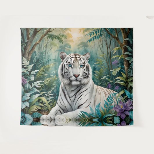 White Tiger Jungle Flora Wandteppich (Vorderseite (Horizontal))