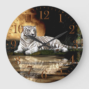 White Tiger & Moon Big Cat Animal-Lover Wall Clock Große Wanduhr