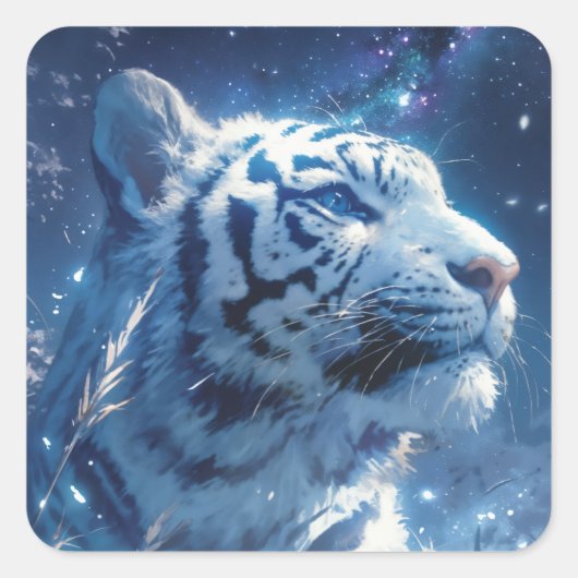 White Tiger Profile Under Starry Night Sky Quadratischer Aufkleber (Vorderseite)