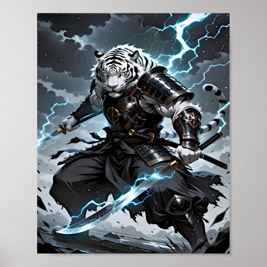 White Tiger Samurai Warrior Blue Lightning Fantasy Poster (Vorne)