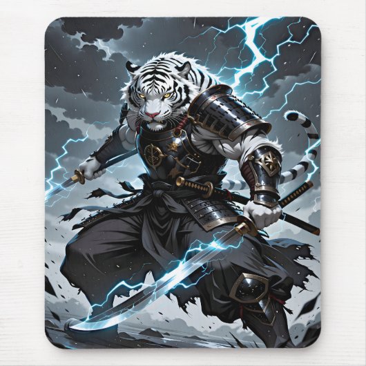 White Tiger Samurai Warrior Blue Lightning Gaming Mousepad (Vorne)