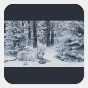 White Tiger Winterwald-Aufkleber Quadratischer Aufkleber