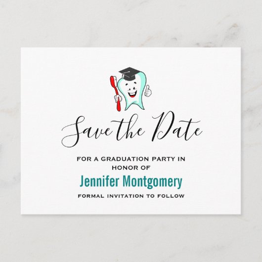 White Tooth mit Graduierstift Save the Date Einladungspostkarte (Vorderseite)