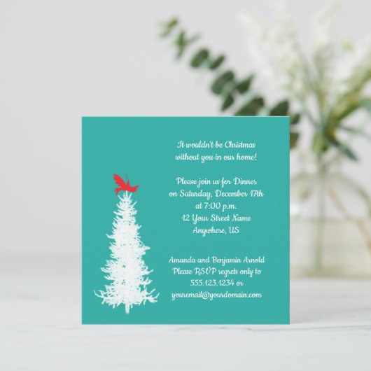 White Tree Red Bird am Aquamarinen Weihnachtsfest  Einladung (Stehend Vorderseite)
