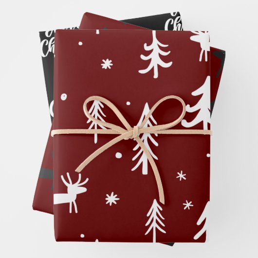 White Trees Illustrations Red Christmas Pattern Geschenkpapier Set (Beispiel)