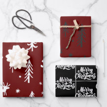 White Trees Illustrations Red Christmas Pattern