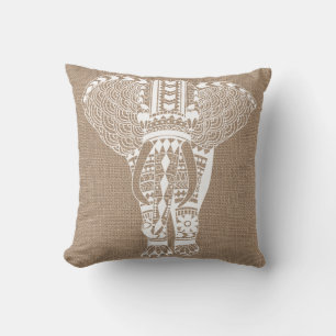 White Tribal Elephant IMITATE Burlap Kissen