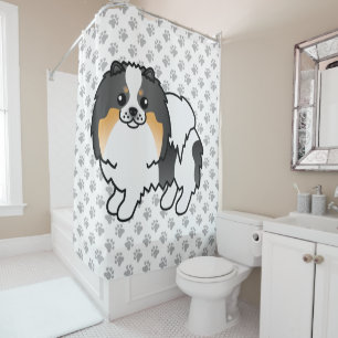 White Tricolor Spitz Niedlich Cartoon Dog & Paws Duschvorhang