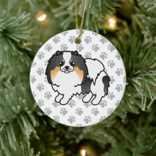 White Tricolor Spitz Niedlich Cartoon Dog & Paws Keramik Ornament
