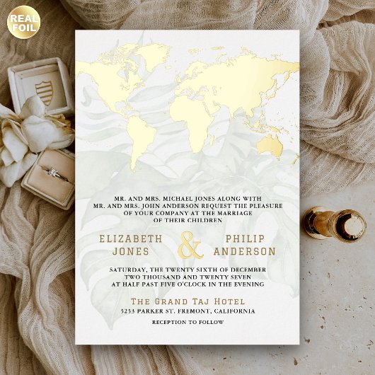 White Tropical Destination World Map Wedding Gold Folieneinladung