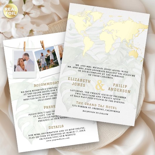 White Tropical Destination World Map Wedding Gold Folieneinladung