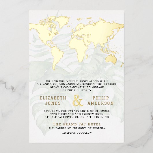 White Tropical Destination World Map Wedding Gold Folieneinladung (Vorderseite)