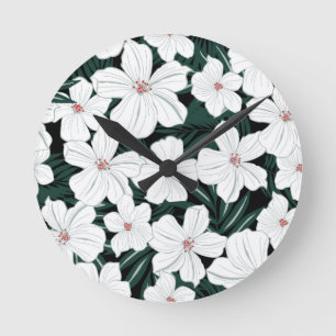 White Tropical Flowers Pattern Runde Wanduhr