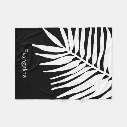 White Tropical Jungle Fern Leaf Druck auf schwarz Fleecedecke (Vorderseite (Horizontal))