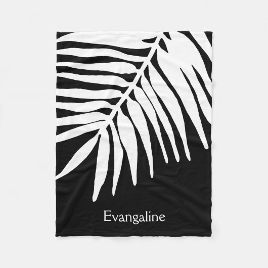 White Tropical Jungle Fern Leaf Druck auf schwarz Fleecedecke (Vorderseite)